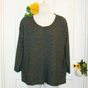BOBEAU Sz L Knit Top Black White Stripe 3/4 Sleeve